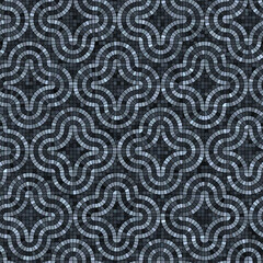 Black and white flooring in porphyry cobblestone. Tiles are arranged in wavy lines on a black background. Mosaic style. Shades of grey, and brown colors. Seamless vector pattern. 