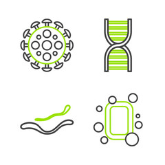 Set line Bar of soap, Ebola virus disease, DNA symbol and Virus icon. Vector