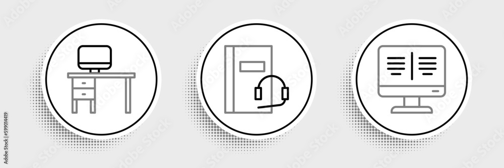Poster set line online book on monitor, computer and desk and audio icon. vector