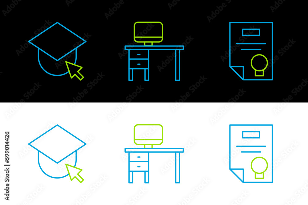 Aufkleber set line certificate template, graduation cap on globe and computer monitor and desk icon. vector