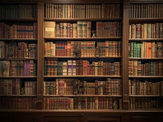 A library bookshelf filled with books and reference materials