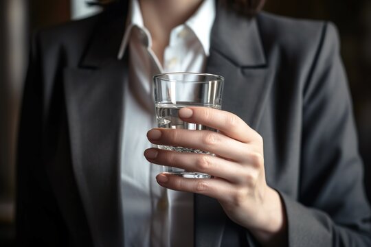 Businesswoman close up caption holding a glass of water. Generative AI