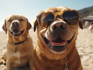 Hunde machen Selfies am Strand mit Sonnenbrillen, generative AI.