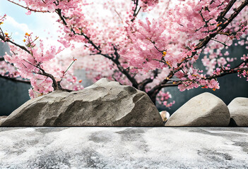 Stone garden with blooming pink spring sakura cherry trees, Copy space. Generative ai