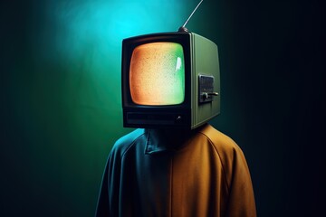 Human body with head of retro television over dark green background. Generative AI - obrazy, fototapety, plakaty