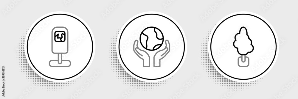 Poster set line tree, trash can and hands holding earth globe icon. vector