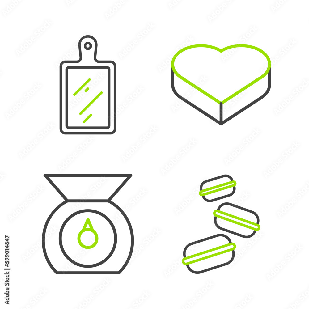 Sticker Set line Macaron cookie, Scales, Candy in heart shaped box and Cutting board icon. Vector