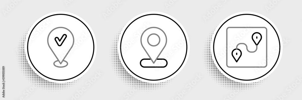 Poster set line route location, location with check mark and icon. vector