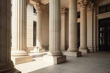 Obraz premium Courthouse columns. Classical building façade with stone and marble. Greek Style Columns Row. Generative AI