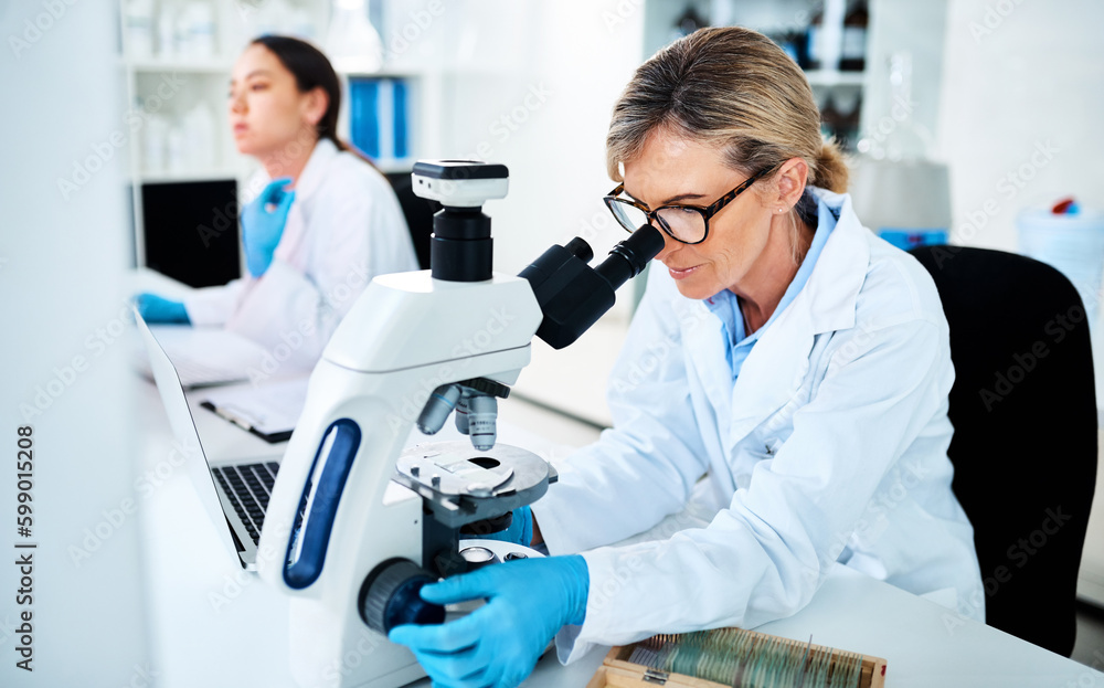Poster Running diagnostics on clinical data. a mature scientist using a microscope in a lab with her colleague in the background.
