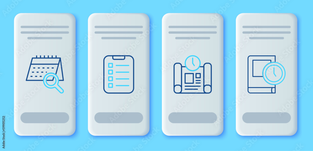 Poster set line to do list or planning, project time, calendar search and time for book icon. vector
