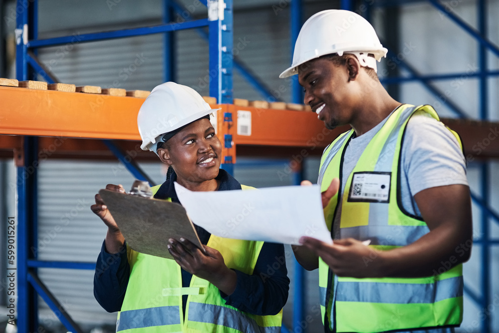 Poster i think we have the right idea. two young contractors standing in the warehouse and having a discuss