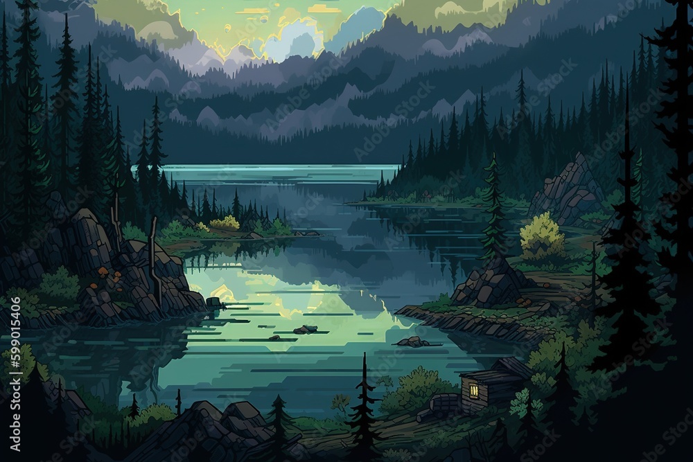 Poster an artwork depicting a lake that is encircled by trees generative ai