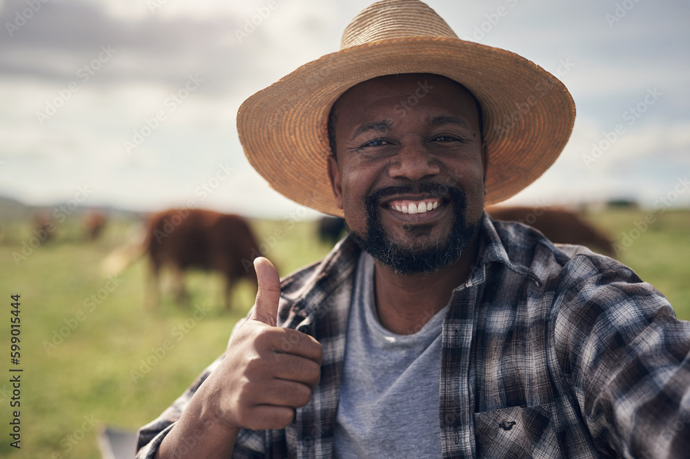 Poster doing it all, from dairy to beef and everything in between. a mature man giving a thumbs up and taki