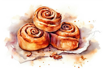 Fototapeta premium Watercolor Drawing Cinnamon Rolls On White Background. Generative AI