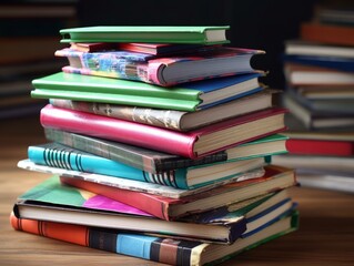 A stack of textbooks and notebooks with a calculator