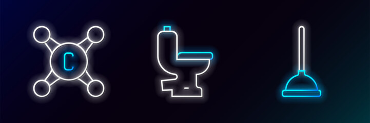 Set line Rubber plunger, Water tap and Toilet bowl icon. Glowing neon. Vector
