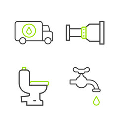 Set line Water tap, Toilet bowl, Pipe adapter and Plumber service car icon. Vector