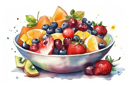 Watercolor Drawing Fruit Salad On White Background. Generative AI