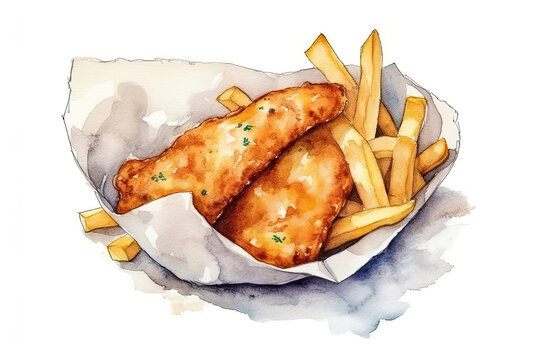 Watercolor Drawing Fish And Chips On White Background. Generative AI
