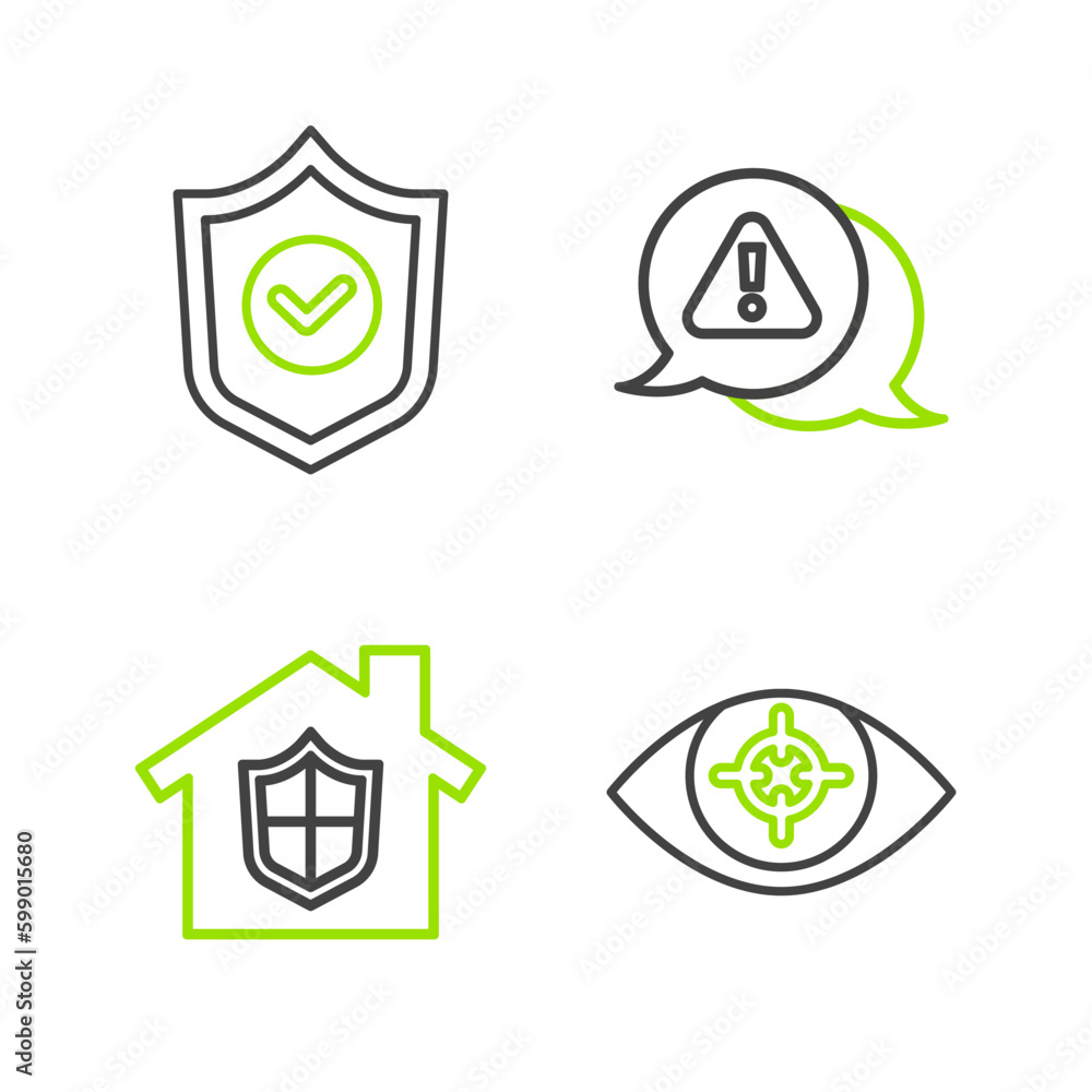 Poster set line eye scan, house under protection, exclamation mark in triangle and shield with check icon. 