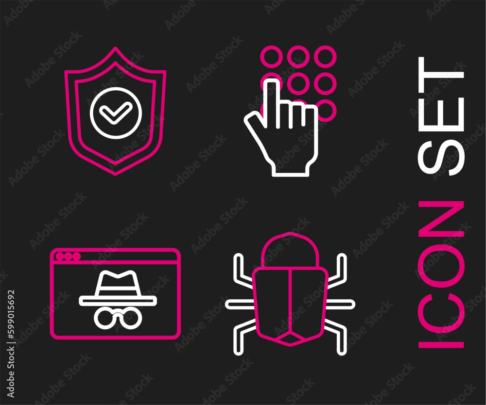 Poster set line system bug, browser incognito window, password protection and shield with check mark icon. 
