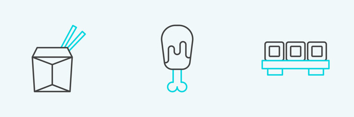 Set line Sushi on cutting board, Asian noodles and chopsticks and Chicken leg icon. Vector