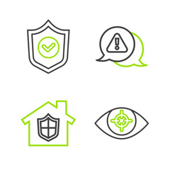 Obraz premium Set line Eye scan, House under protection, Exclamation mark in triangle and Shield with check icon. Vector