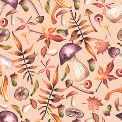 Seamless watercolor pattern. Hand drawn maple leaves, forest mushrooms, acorns, plants, twigs and berries on a light background. Design for wrapping paper. Autumn, forest