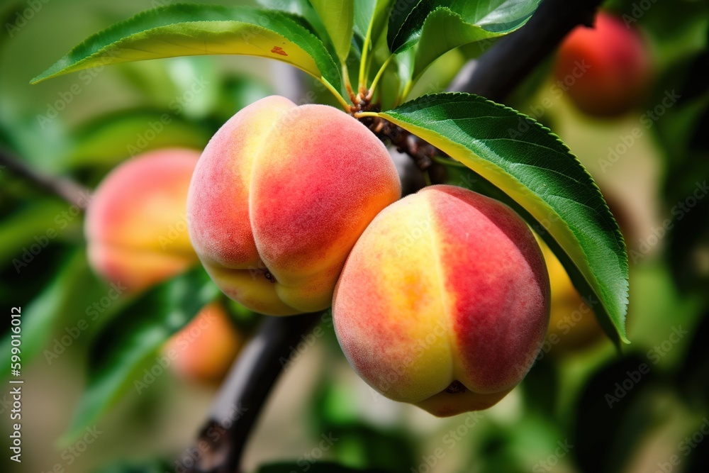 Poster there are three peaches and some leaves dangling from a tree. generative ai