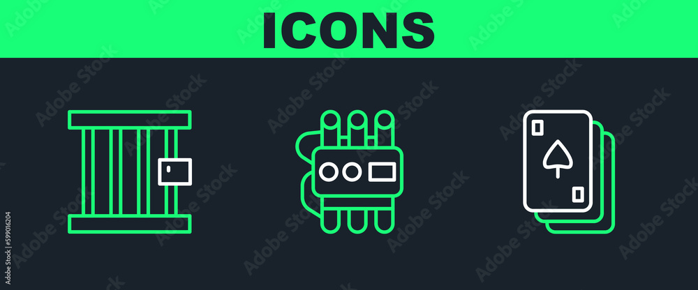 Poster set line playing cards, prison window and dynamite and timer clock icon. vector