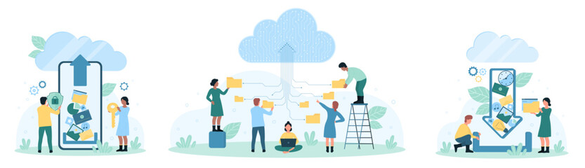 Cloud storage for data files set vector illustration. Cartoon tiny people upload digital documents, backup and archives to cloud service, online organization and security of folders and catalogs - obrazy, fototapety, plakaty