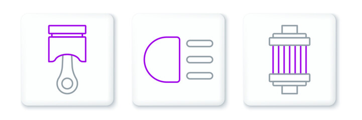 Set line Car air filter, Engine piston and High beam icon. Vector