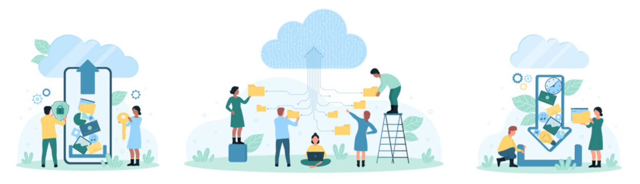 Cloud storage for data files set vector illustration. Cartoon tiny people upload digital documents, backup and archives to cloud service, online organization and security of folders and catalogs