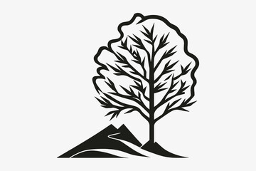 Mountain sketch, Outline Style black and white mountains and tree vector, Mountain tree icon illustration, mountain logo