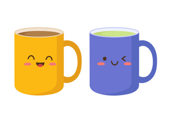 Cartoon cute coffee mugs in kawaii style isolated on white background. Vector illustration in a flat style. Flat design.	
