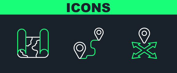 Set line Location, Folded map and Route location icon. Vector