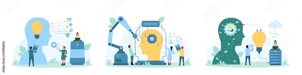 Poster artificial intelligence, machine learning and invention set vector illustration. cartoon busy tiny p
