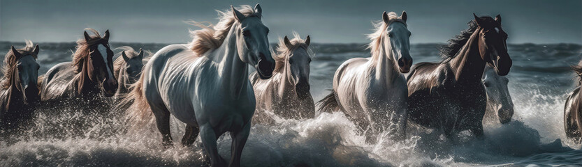 Herd Of Horses Running Along The Sea. Panoramic Banner. Generative AI