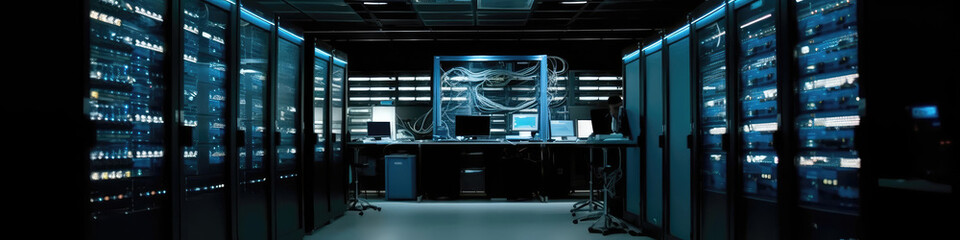 Server Room With Racks Of Computer Equipment And Blinking Lights, Designed To Keep Organizations Digital Infrastructure Running Smoothly. Panoramic Banner. Generative AI
