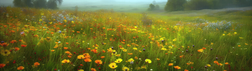 Rolling Meadow With Wildflowers In Full Bloom. Panoramic Banner. Generative AI