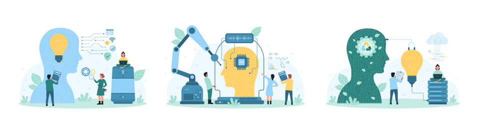 Artificial intelligence, machine learning and invention set vector illustration. Cartoon busy tiny people create AI digital brain in human head with robots help, connect light bulb to mind with wires