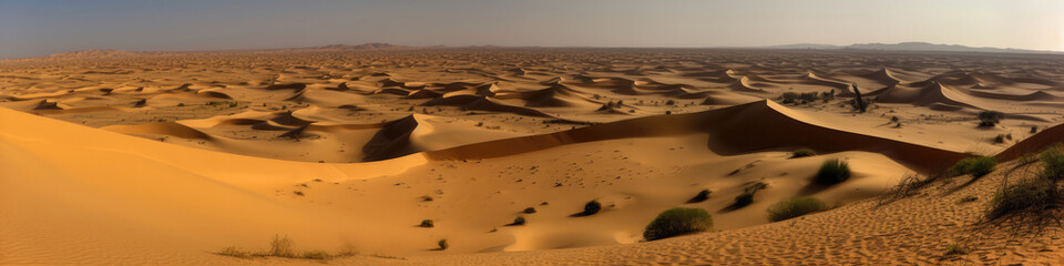 Fototapeta na wymiar Vast Desert With Sand Dunes That Seem To Stretch On Forever. Panoramic Banner. Generative AI