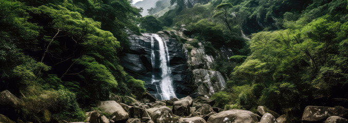 Obraz premium Waterfall Cascading Down Rocky Cliff, Surrounded By Dense Vegetation. Panoramic Banner. Generative AI