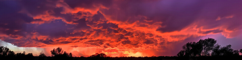 Fototapeta premium Stunning Display Of Pink, Purple And Gold Clouds Illuminated By The Setting Sun. Panoramic Banner. Generative AI