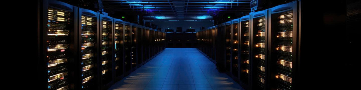 Server Room With Racks Of Computer Equipment And Blinking Lights, Designed To Keep Organizations Digital Infrastructure Running Smoothly. Generative AI