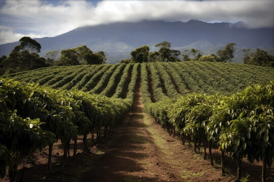 Image Of Coffee Farm With Rows Of Coffee Plants In The Foreground And Mountain Range In The Background. Generative AI