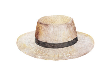 Watercolor illustration of a straw hat on a white background.