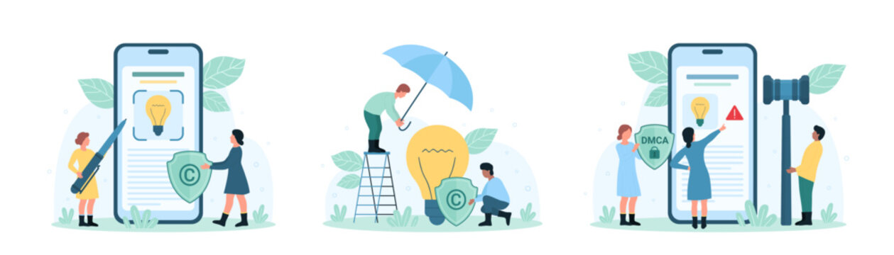 Intellectual property protection set vector illustration. Cartoon tiny people holding judges gavel, umbrella and DMCA shield to protect rights of authors for digital content and brand identity