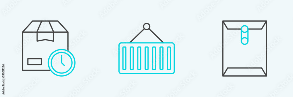 Poster set line envelope, cardboard box with clock and container on crane icon. vector